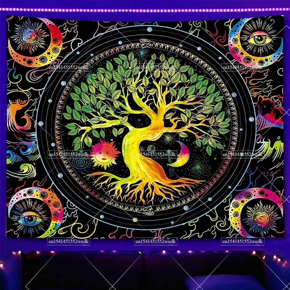 Tenture Arbre de la Vie Fluorescente – UV Réactive Néon Étoilé Lumière Noire
