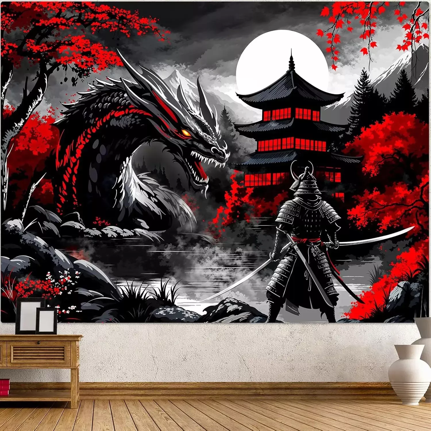 Tenture Murale Japonaise Ninja Lune Paysage Nocturne