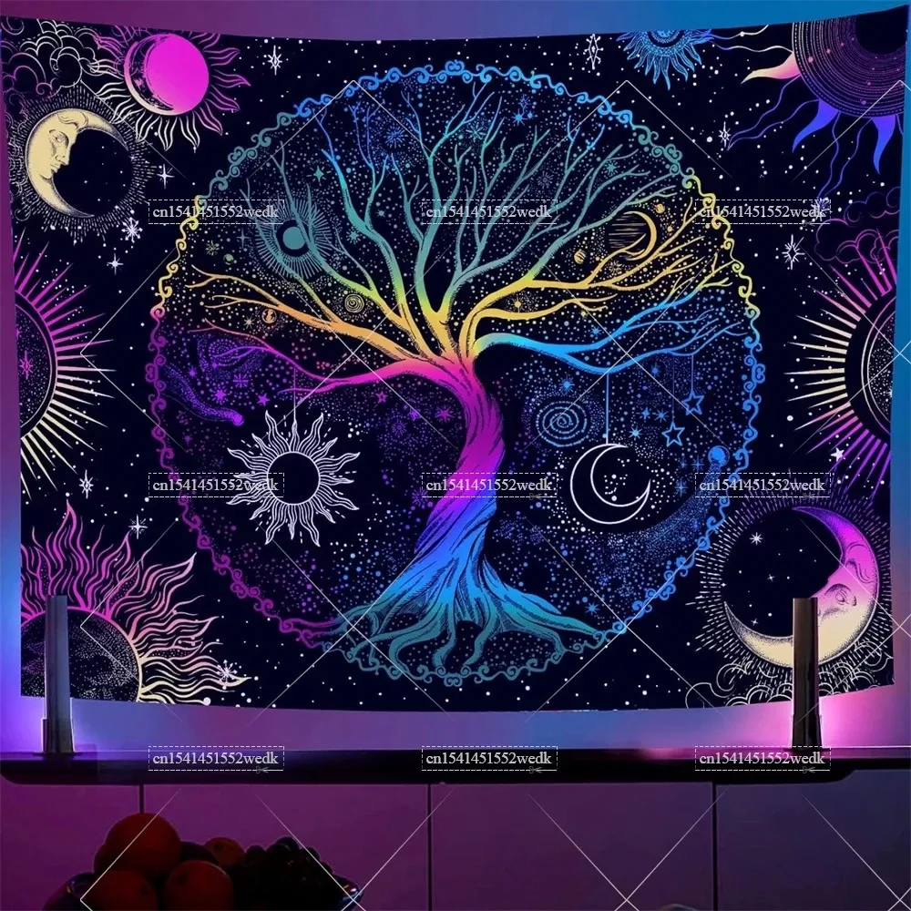 Blacklight Tree Life Tapestry UV Reactive Neon Star Tapestries Black Light Tapestry Aesthetic Room Decor Bedroom Wallpapers