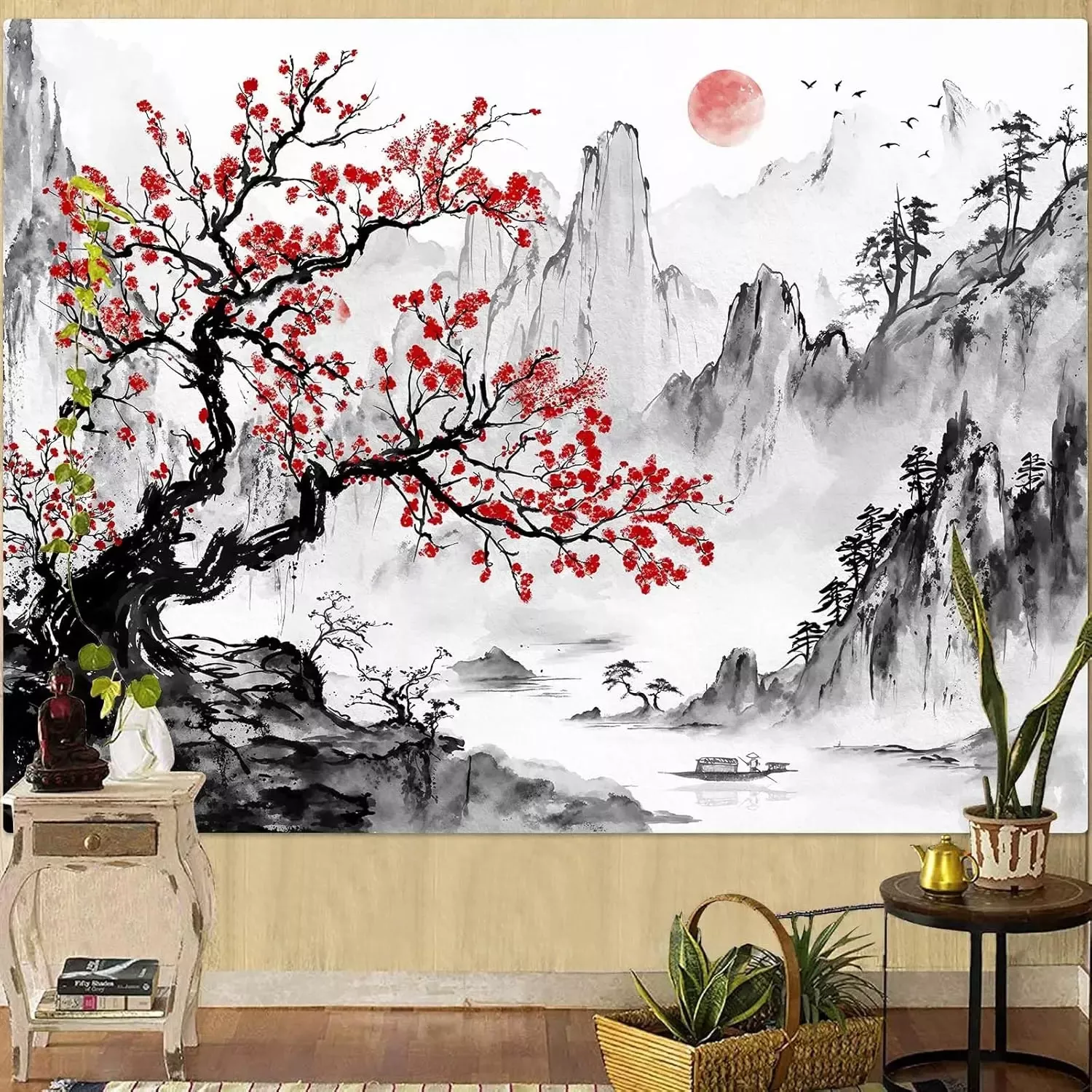 Tenture Murale Samurai Dragon Lune Rouge Anime