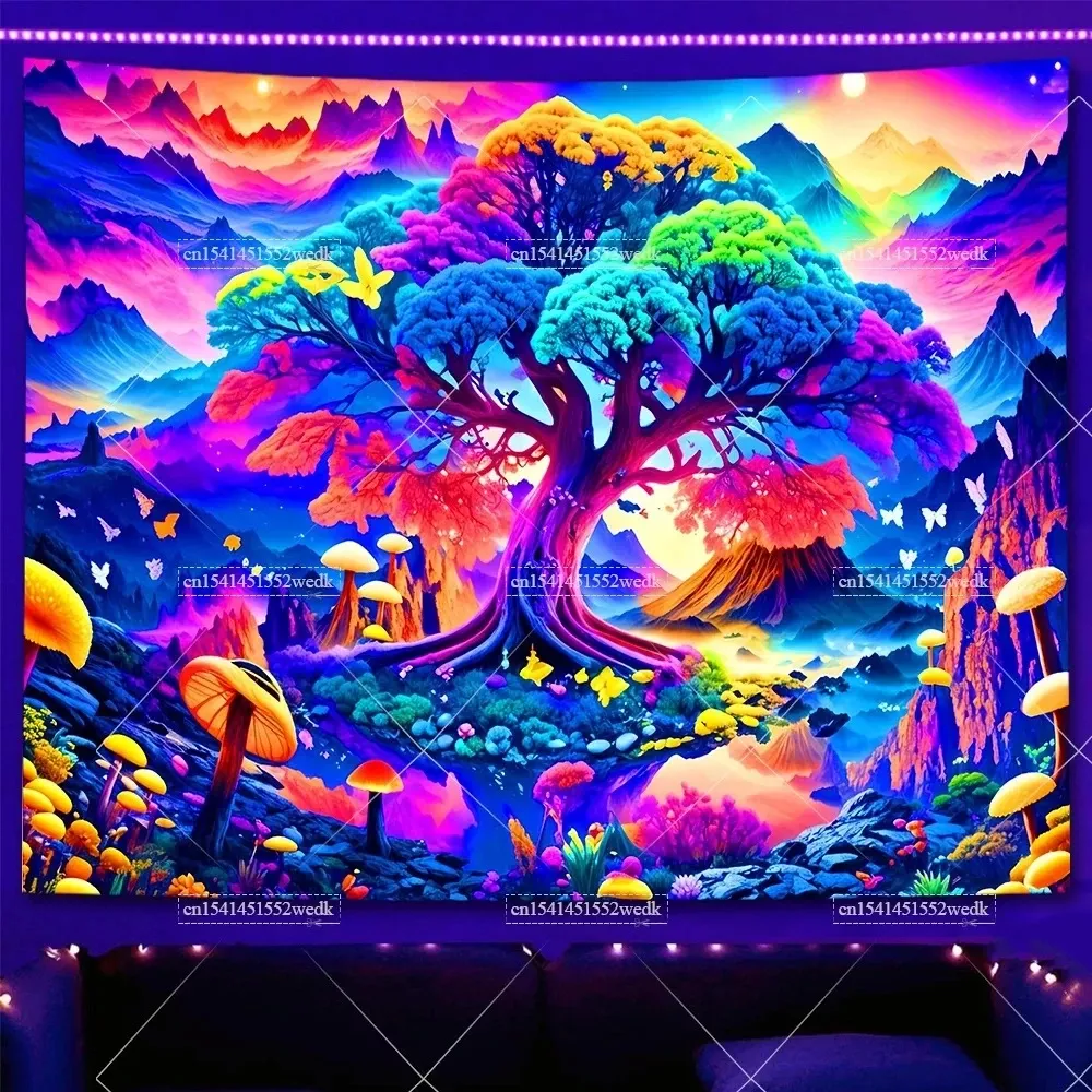 Tenture Murale Arbre de la Vie et Ciel Étoilé – Tenture Psychédélique Réactive aux UV