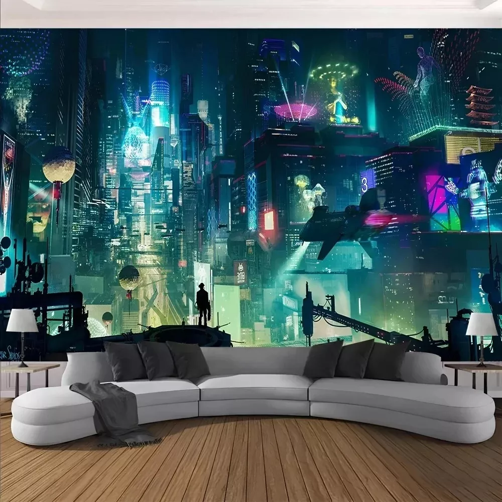 Tenture Murale Cyberpunk avec vue nocturne