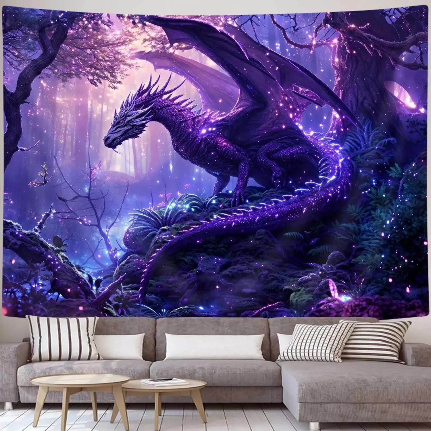 Tenture Murale de Dragon violet  écailles étoilées, scène de forêt magique