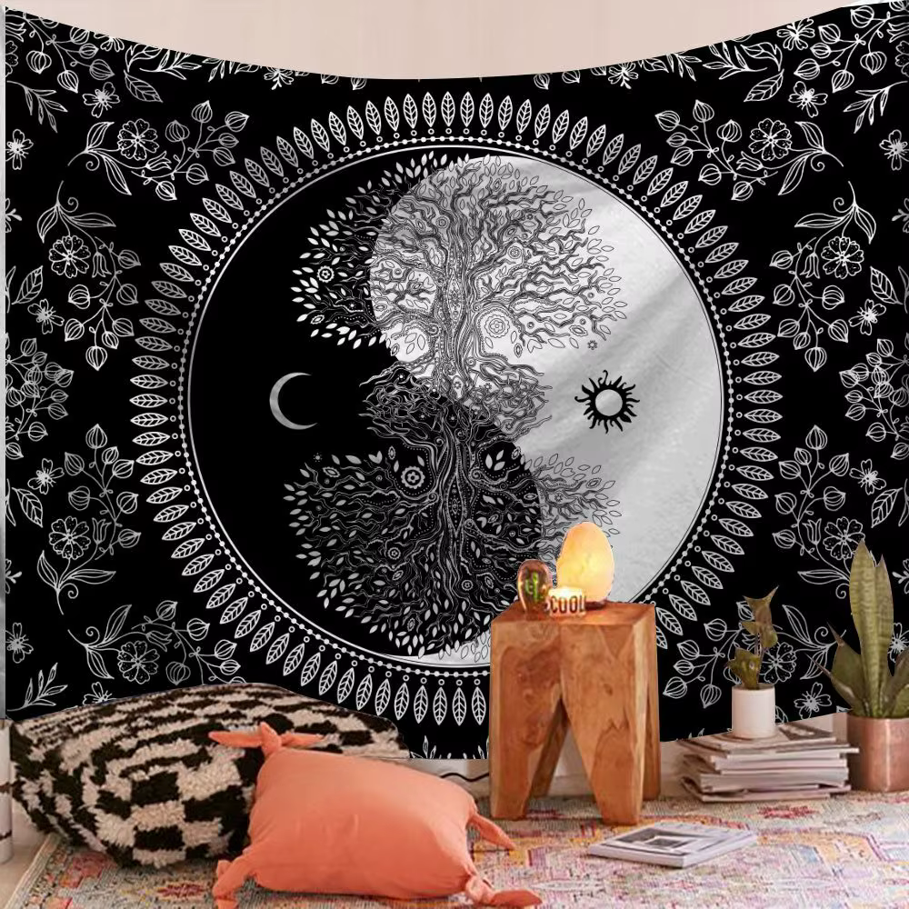Tenture murale mandala indien - Tapisserie décoration bohème et psychédélique Noir