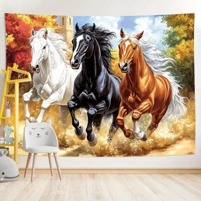 Tenture Murale Vikama art mural forêt d'automne dynamique Chevaux au galop tricolores