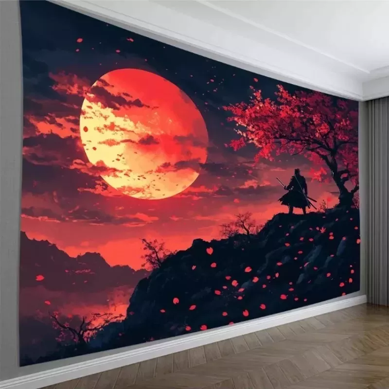 Tenture japonais Guerrier Silhouette Lune Rouge