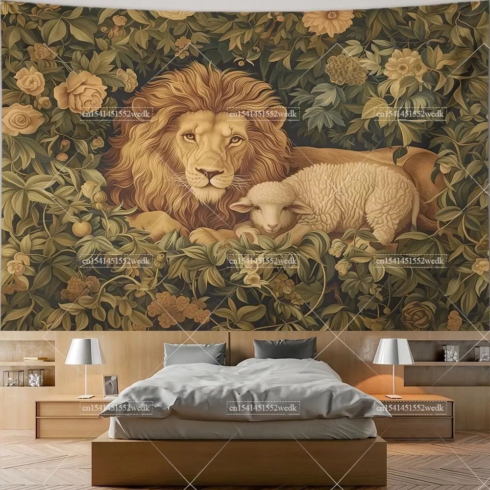 Tenture Vintage Lion et agneau, animaux, loup