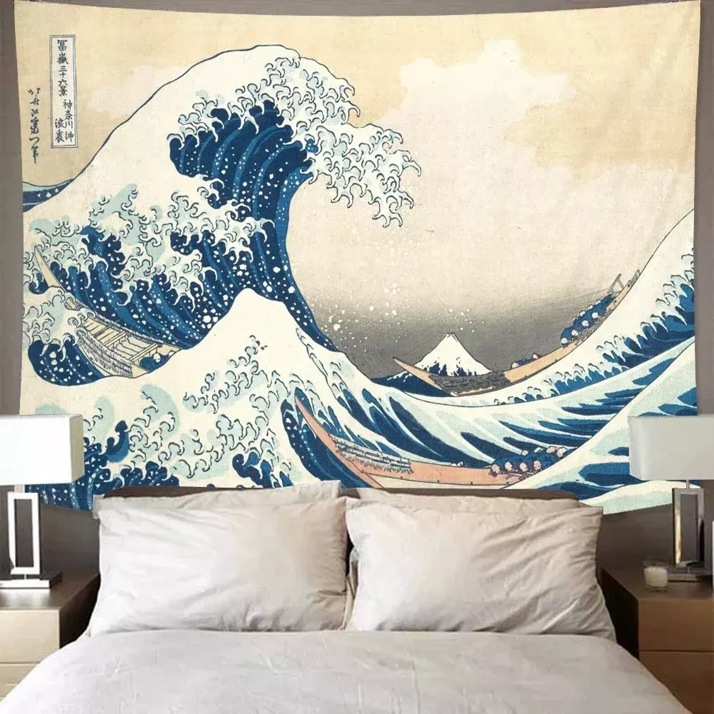 Tenture Vintage La Grande Vague De VIKAMA Kanagawa kiyo-e motif vague japonaise
