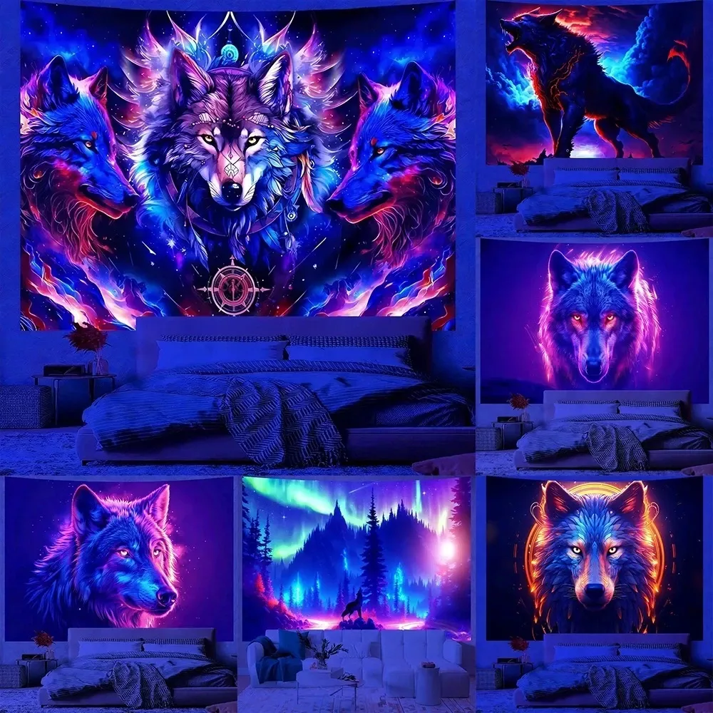 Tenture Murale Phosphorescence Uv avec motif de loups