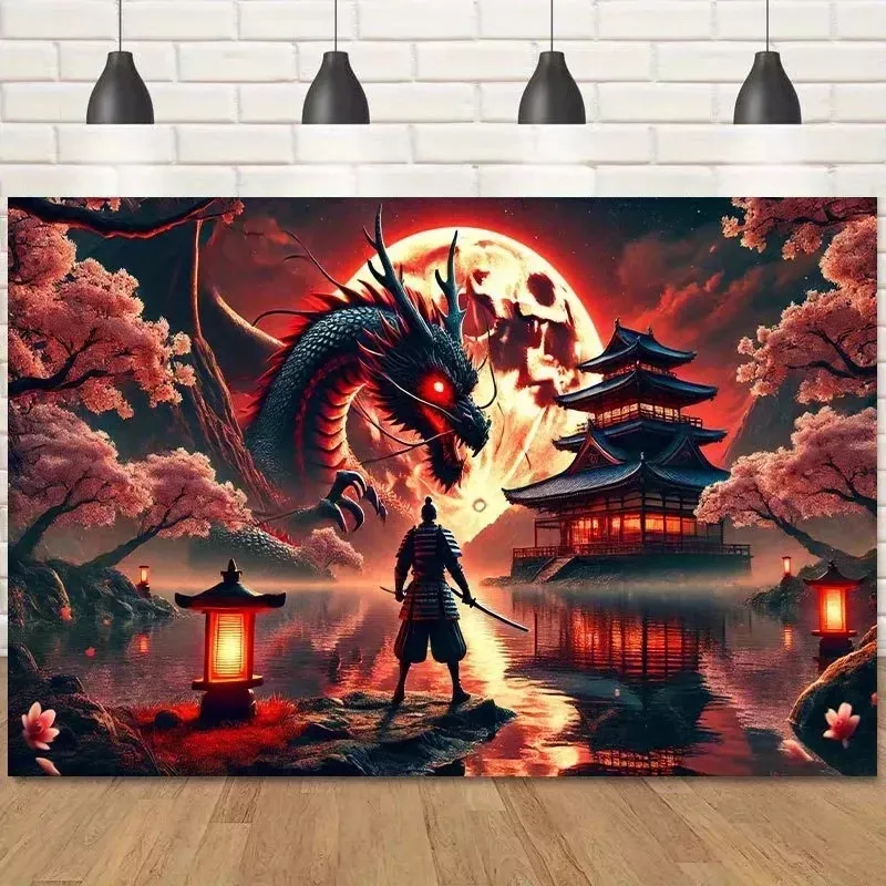 Tenture Murale Nuit Lunaire Rouge Samurai et Dragon