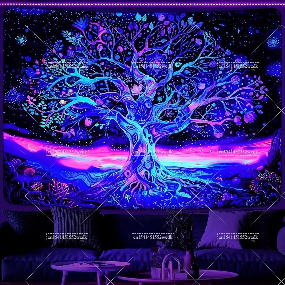 Blacklight Tree Life Tapestry UV Reactive Neon Star Tapestries Black Light Tapestry Aesthetic Room Decor Bedroom Wallpapers
