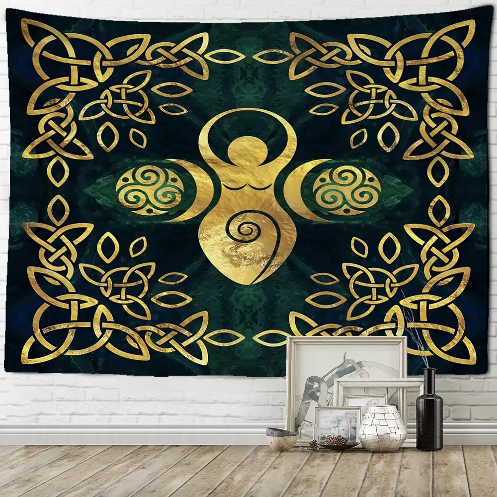 Tenture Murale Déesse Mère et Nœuds Celtiques  Vert et Or pour la Maison