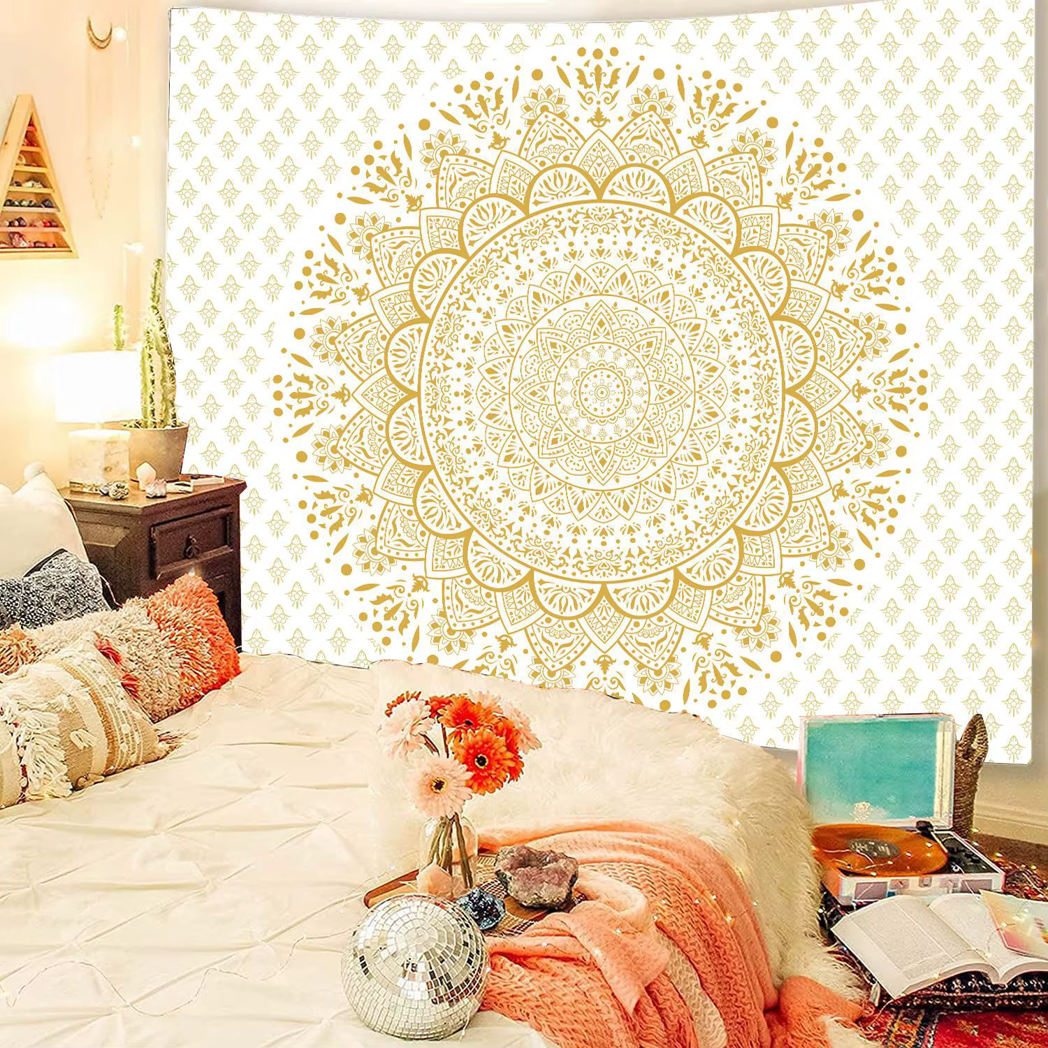 Tenture murale mandala indien - Tapisserie déco bohème et psychédélique Blanc