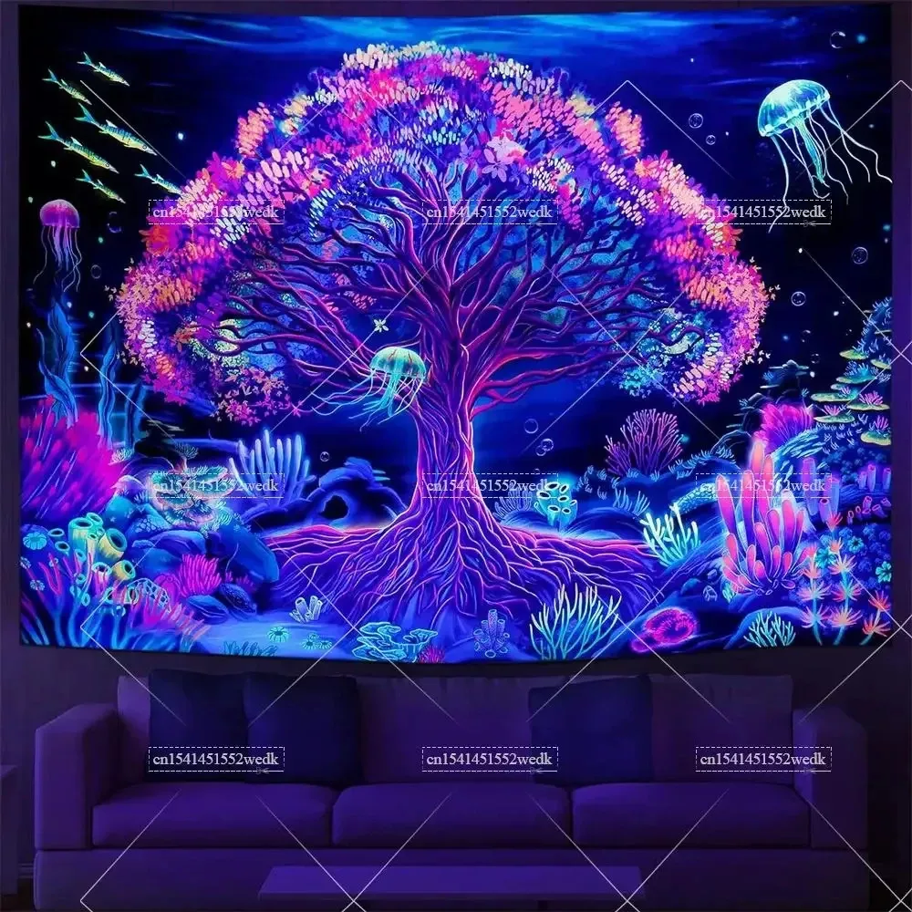 Blacklight Tree Life Tapestry UV Reactive Neon Star Tapestries Black Light Tapestry Aesthetic Room Decor Bedroom Wallpapers