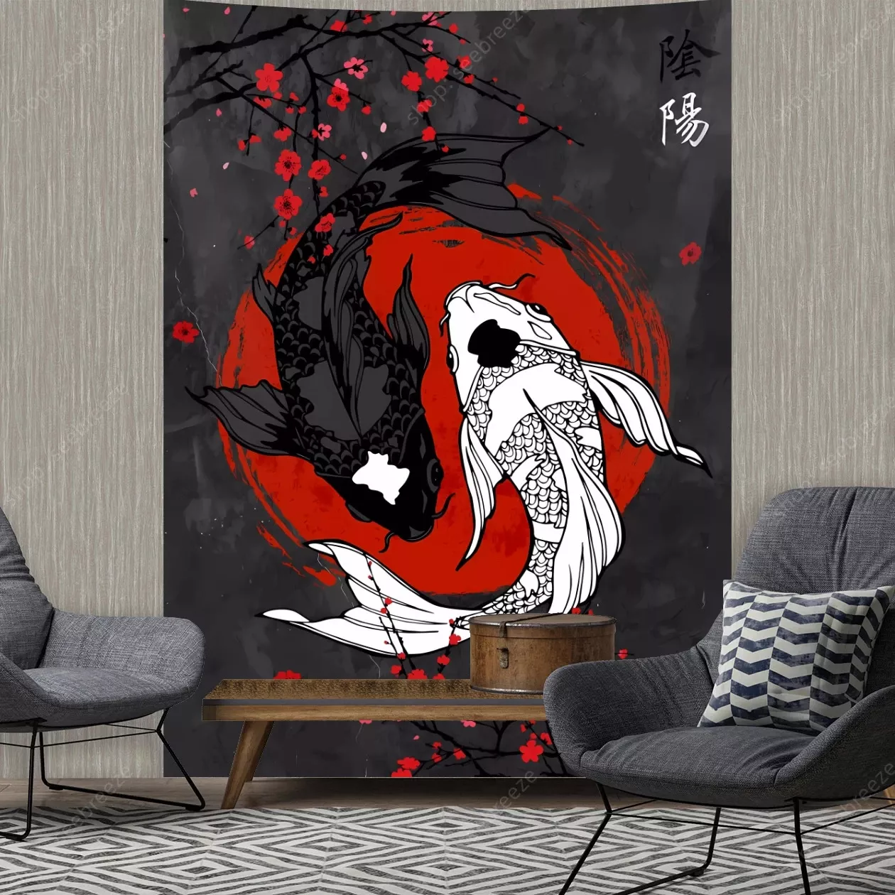 Tenture Murale Japonaise Yin Yang Poisson Koi Rouge et Noir