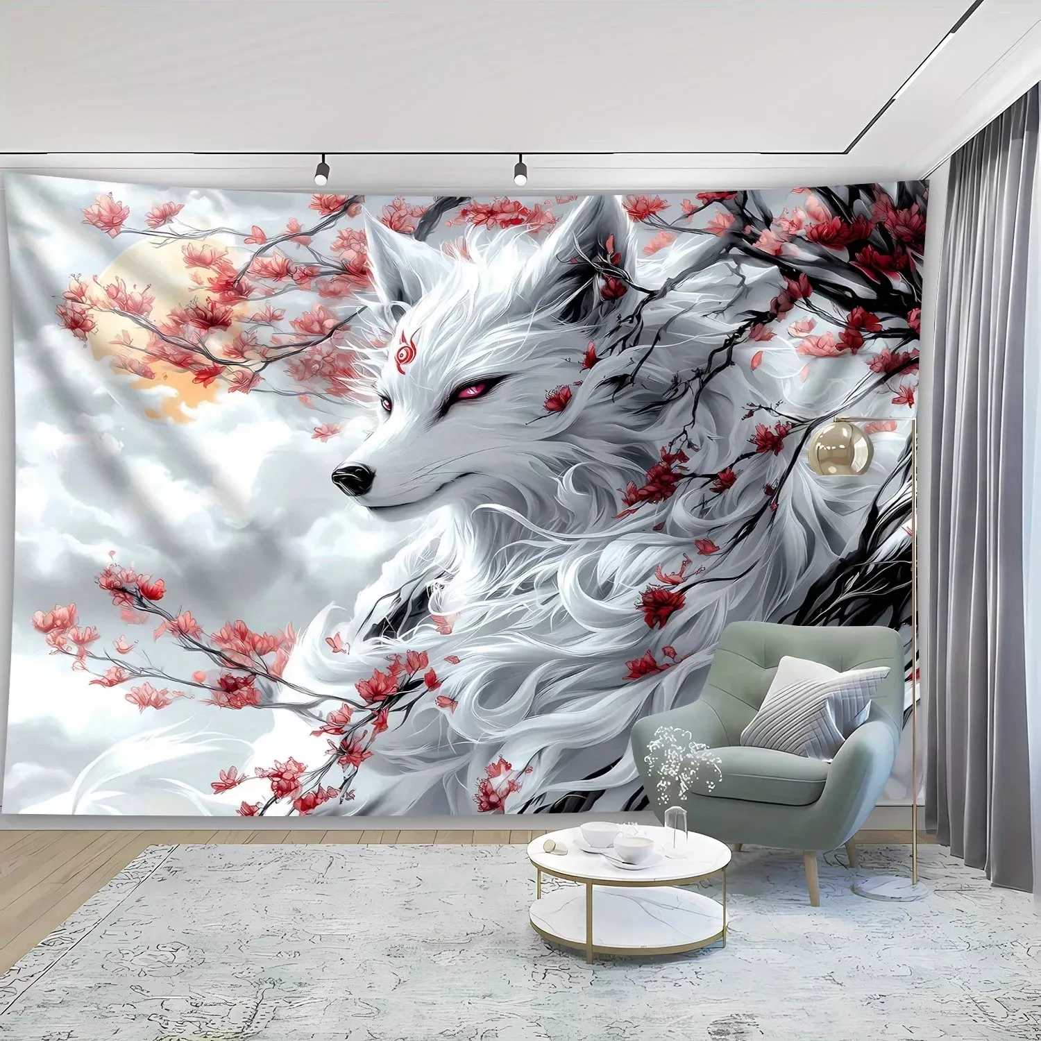 Tenture Murale Fox Spirit, fleurs rouges, fond nuage