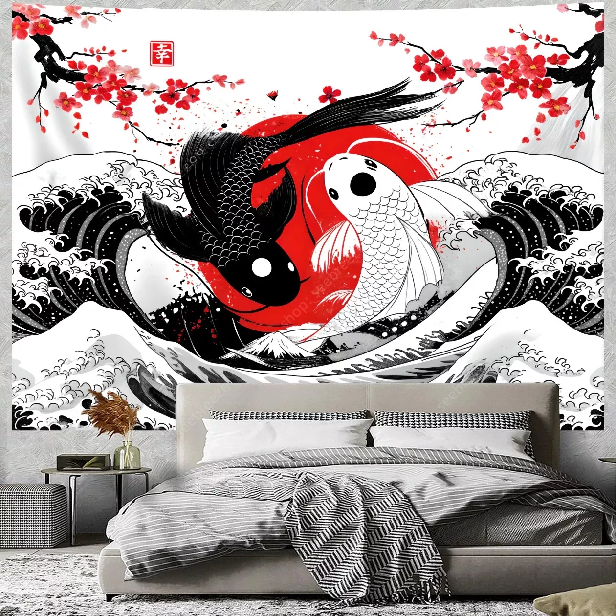 Tenture Murale Yin Yang Koi Rouge Noir Japonaise