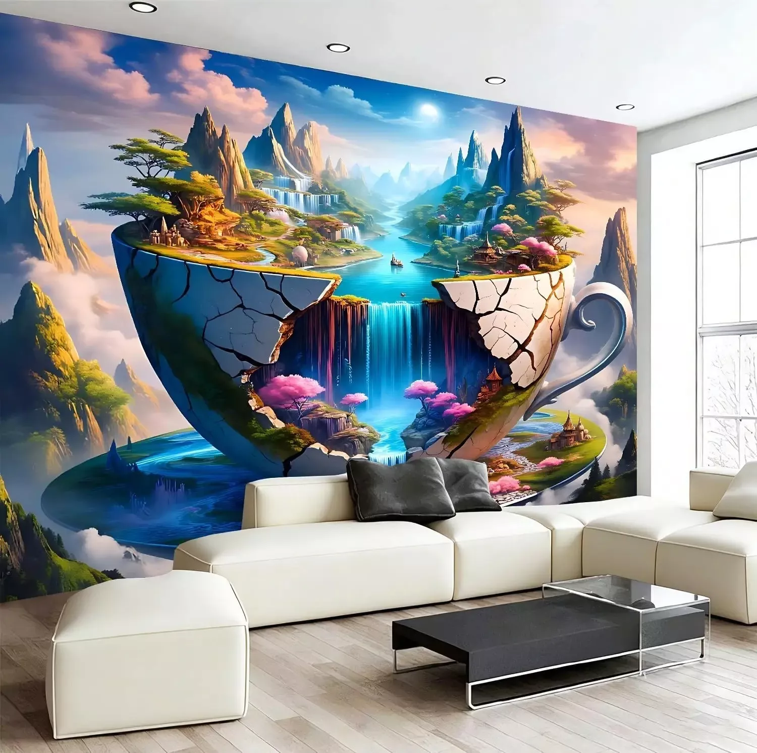Tenture Murale "Le Monde dans une Tasse" – Art Onirique et Nature Zen