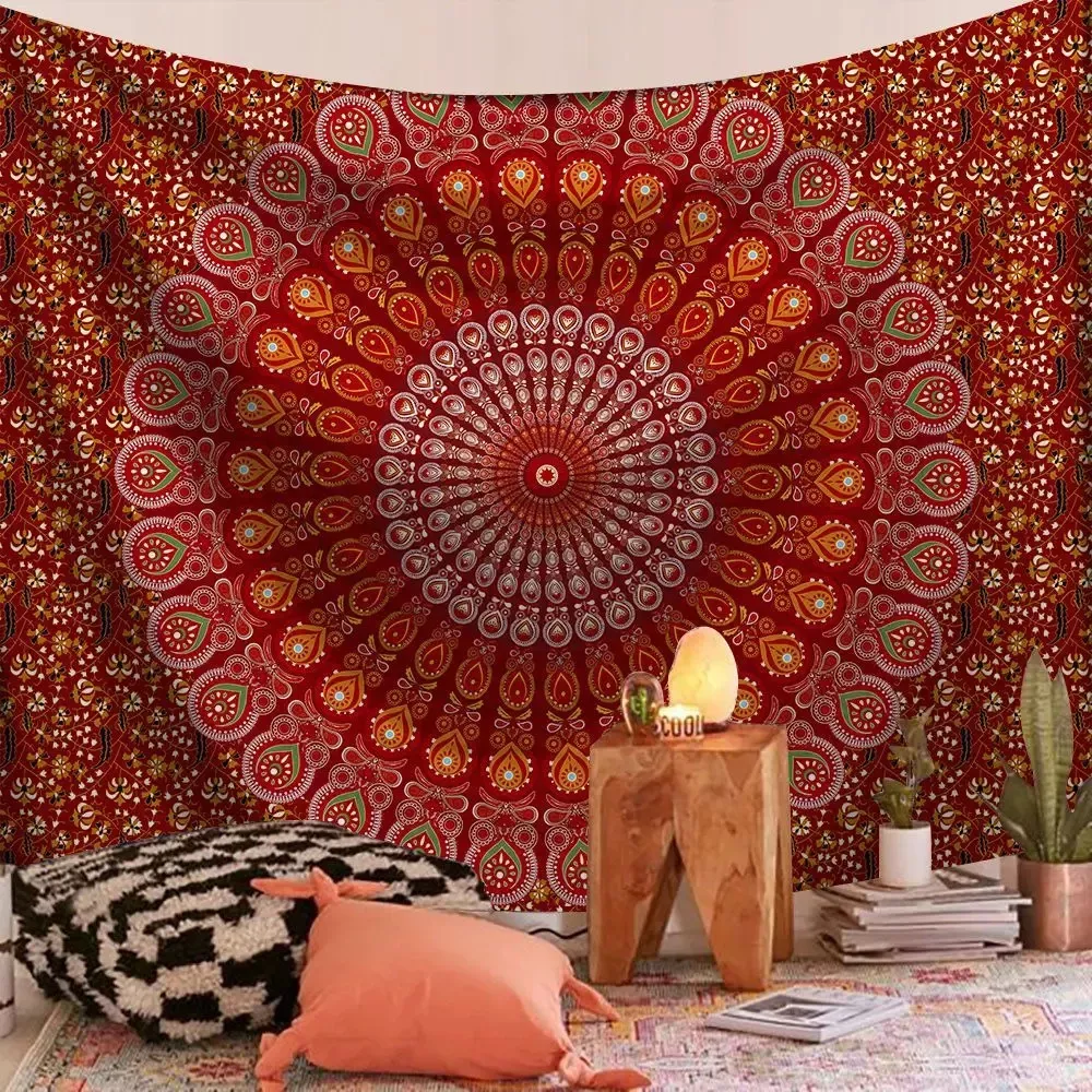 Tenture Murale Mandala Indien - Tapisserie Bohème en Tissu bordeaux