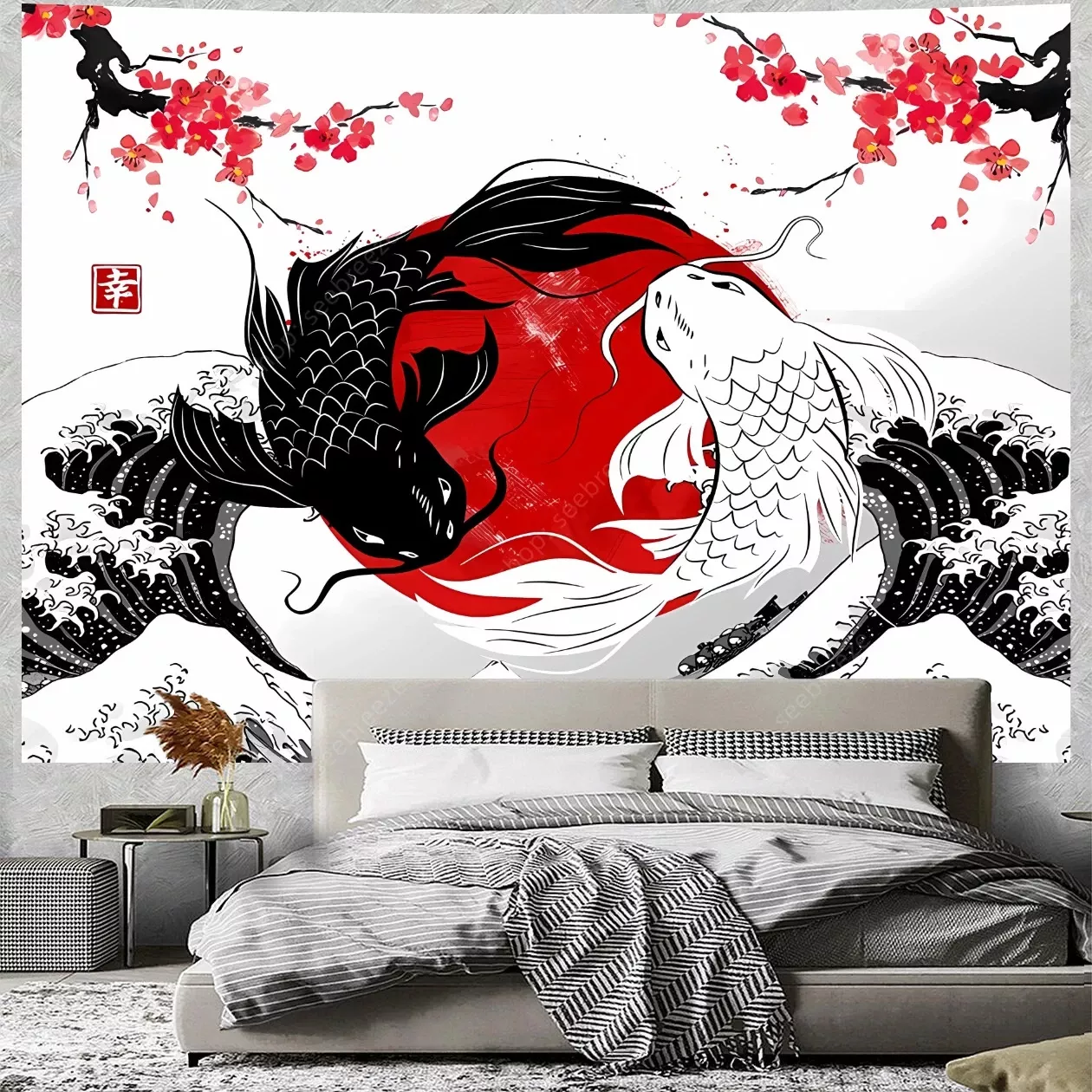 Japanese Yin Yang Koi Fish Tapestry Red and Black Anime Cherry Art Tapestries Hippie Room Decor Aesthetic Boho Home Wall Decor