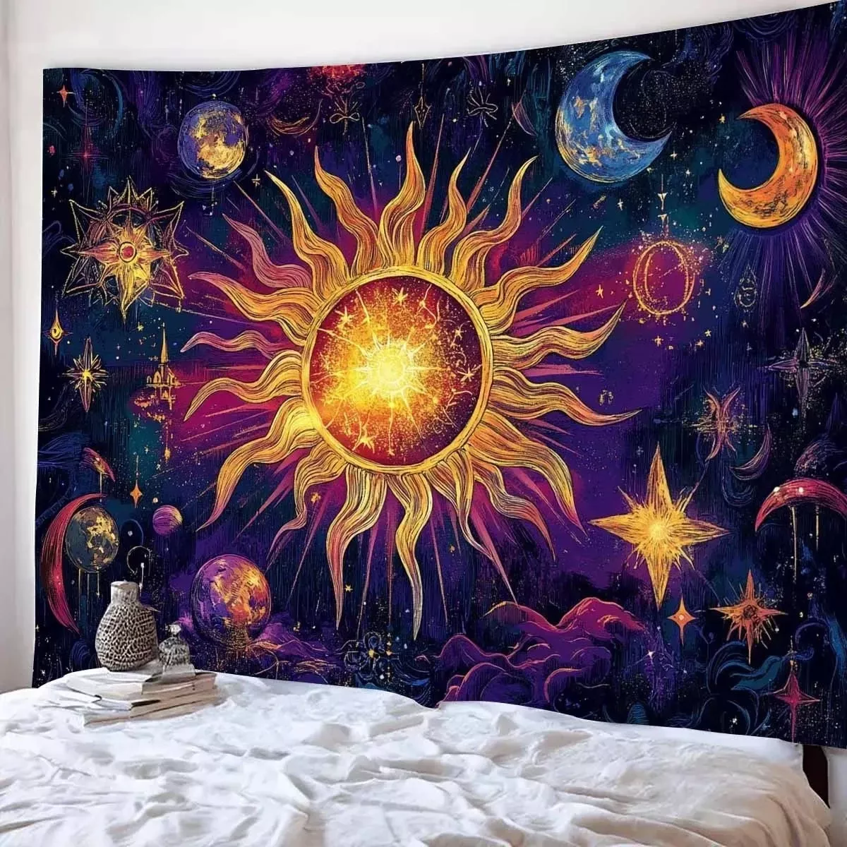 Tenture Murale de galaxie cosmique, soleil doré, planète, nouvelle lune, ciel étoilé