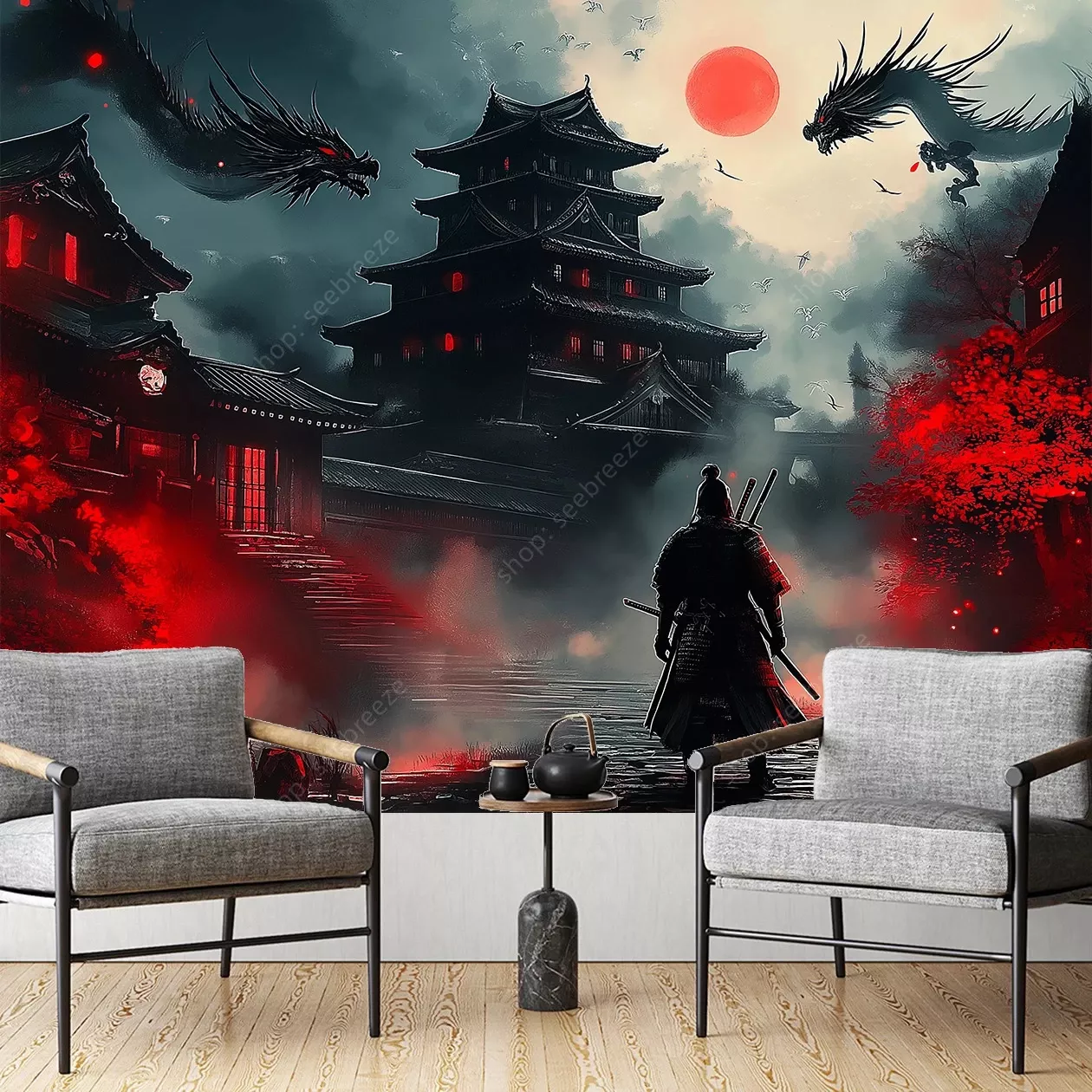 Tenture Samurai Dragon Bataille Mythique Lune Rouge