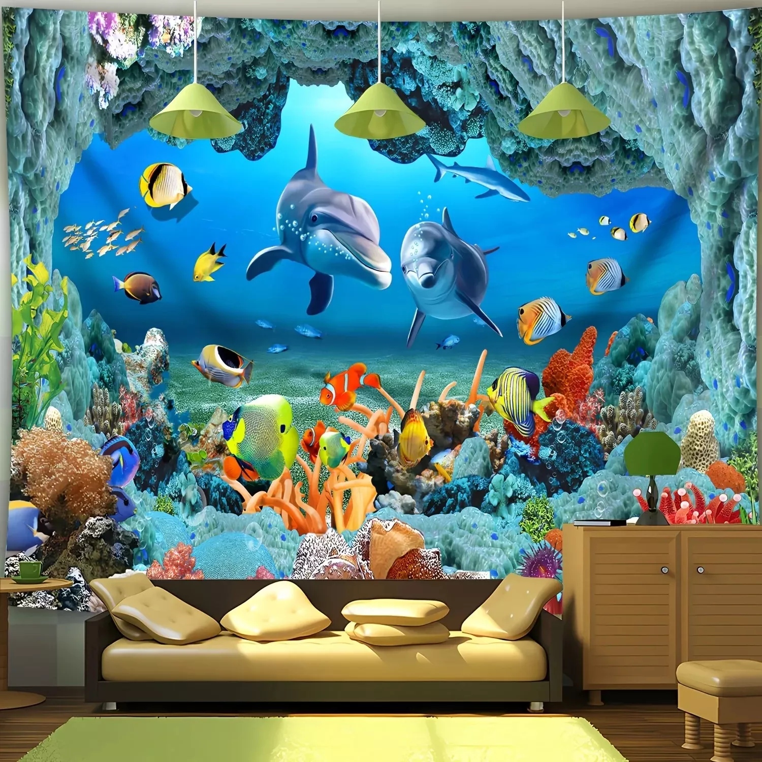 Tenture Murale Monde sous-marin enchanté Dauphins et école de poissons colorés