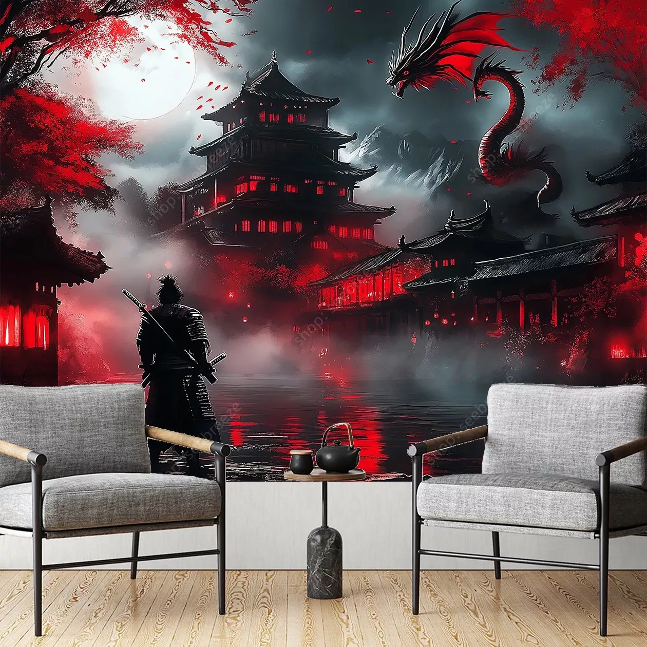 Tenture Murale Samurai Confrontant un Dragon sous Lune Rouge Sang
