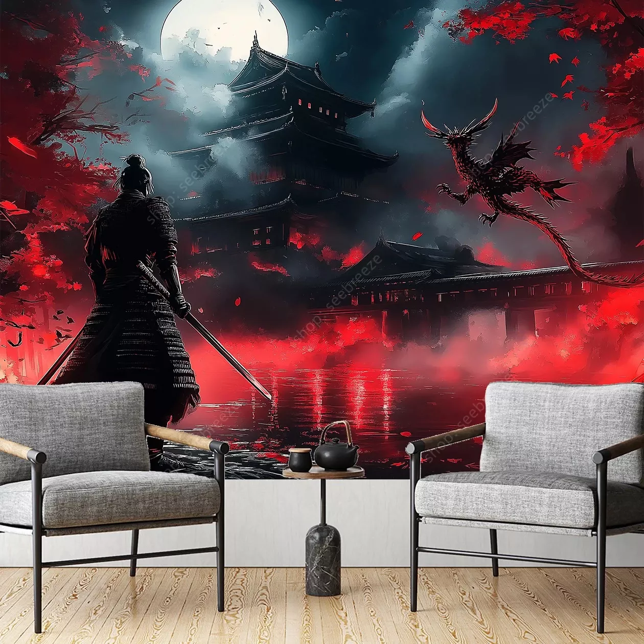 Tenture Samurai Dragon Bataille Mythique Lune Rouge Sang