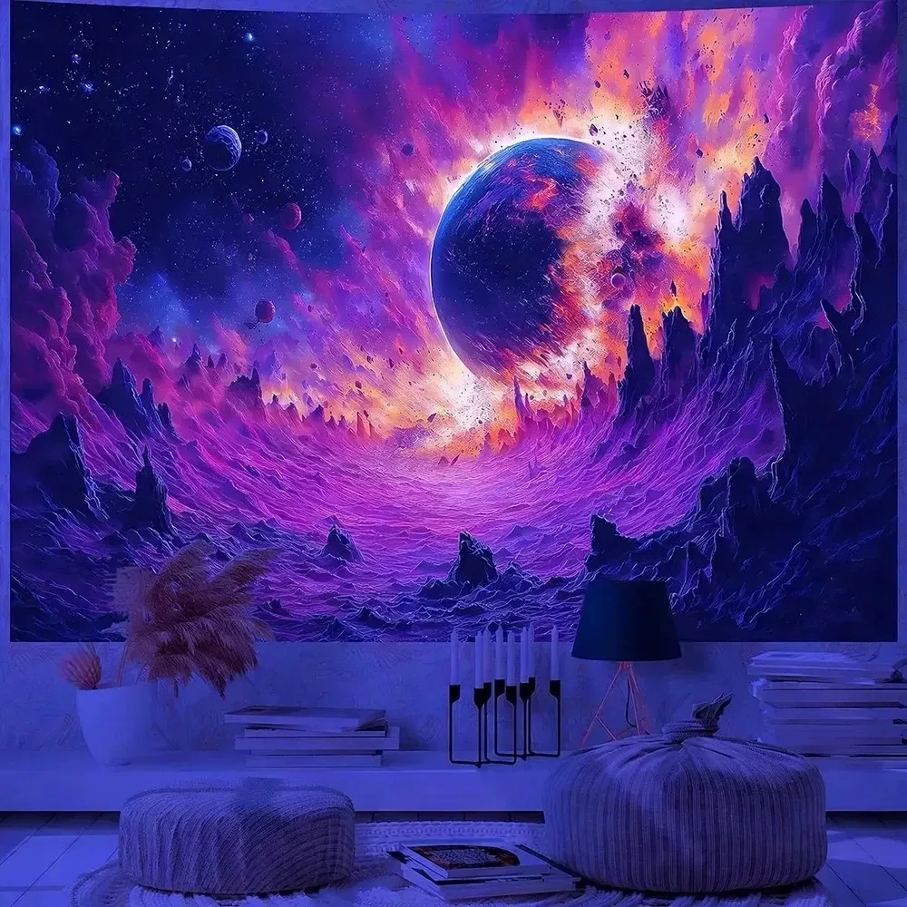 Tenture Murale Néon Lune de Sang - Décoration Murale Galaxie Violette et Rose.