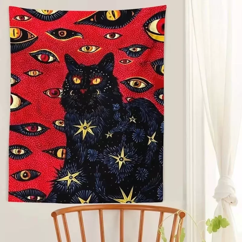 Tenture Murale bohème chat noir motif ciel étoilé