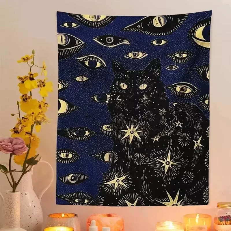 Tenture Murale bohème chat noir motif ciel étoilé