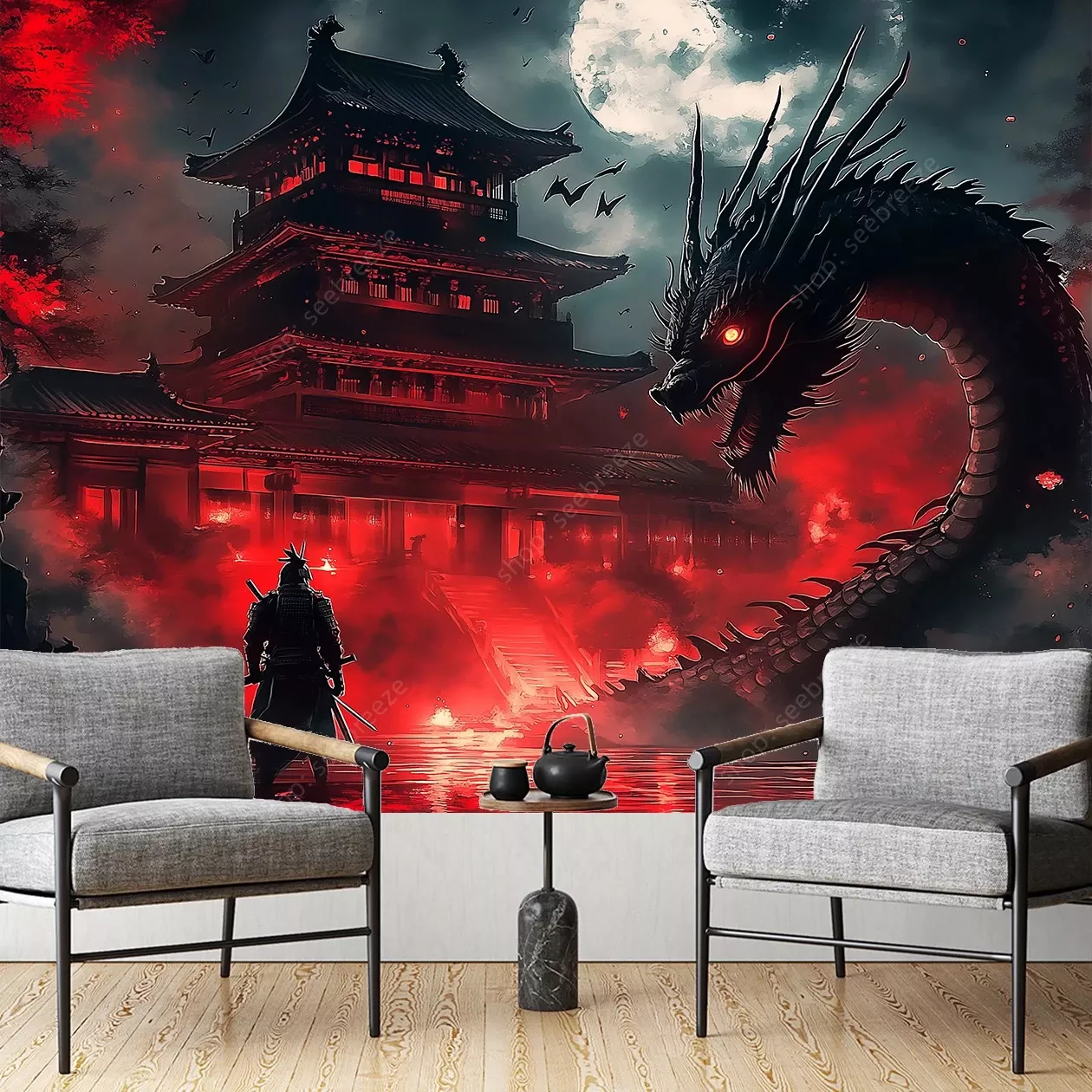 Tenture Japonaise Samurai vs Dragon Lune blanche