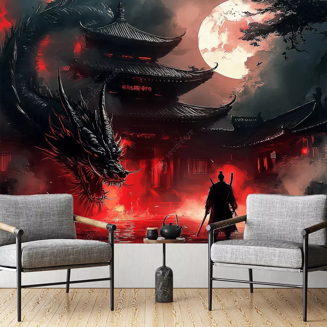 Tenture Murale Samurai Dragon Lune Rouge Japonaise