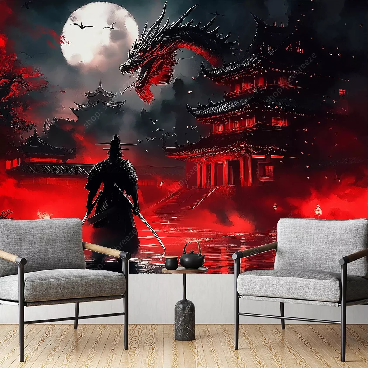 Tenture Murale Samurai Dragon Lune Rouge Sanglante