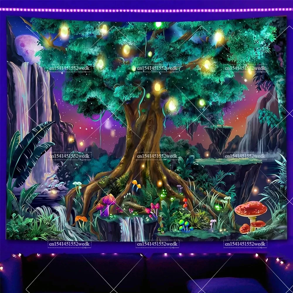 Blacklight Tree Life Tapestry UV Reactive Neon Star Tapestries Black Light Tapestry Aesthetic Room Decor Bedroom Wallpapers