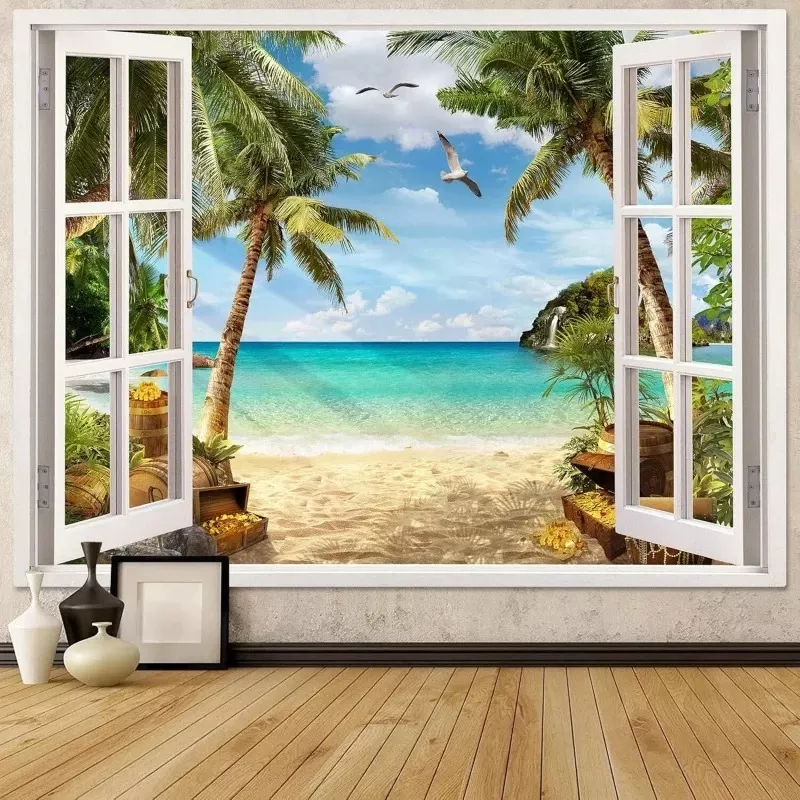 Tenture Murale trompe l'oeil de plage île tropicale