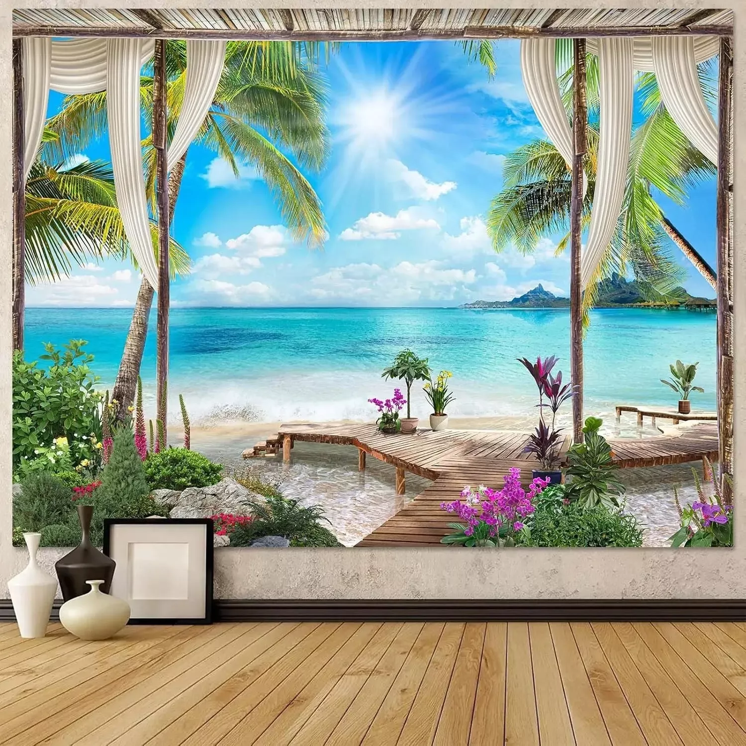 Tenture Murale trompe l'oeil de plage île tropicale