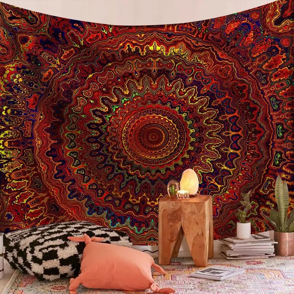 Tenture Murale Mandala Indien Multicolore - Tapisserie Bohème Psychédélique Rouge, Orange et Jaune