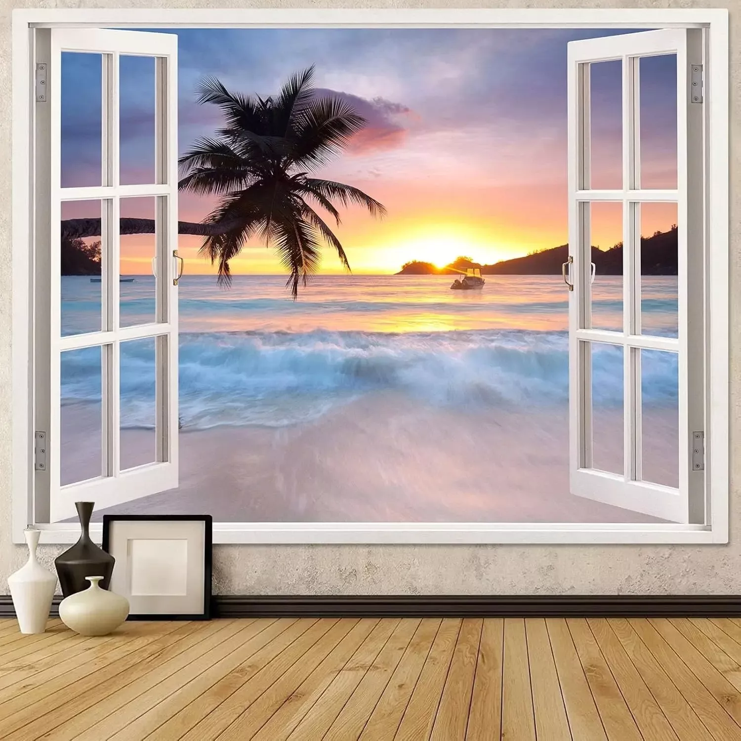 Tenture Murale trompe l'oeil de plage île tropicale
