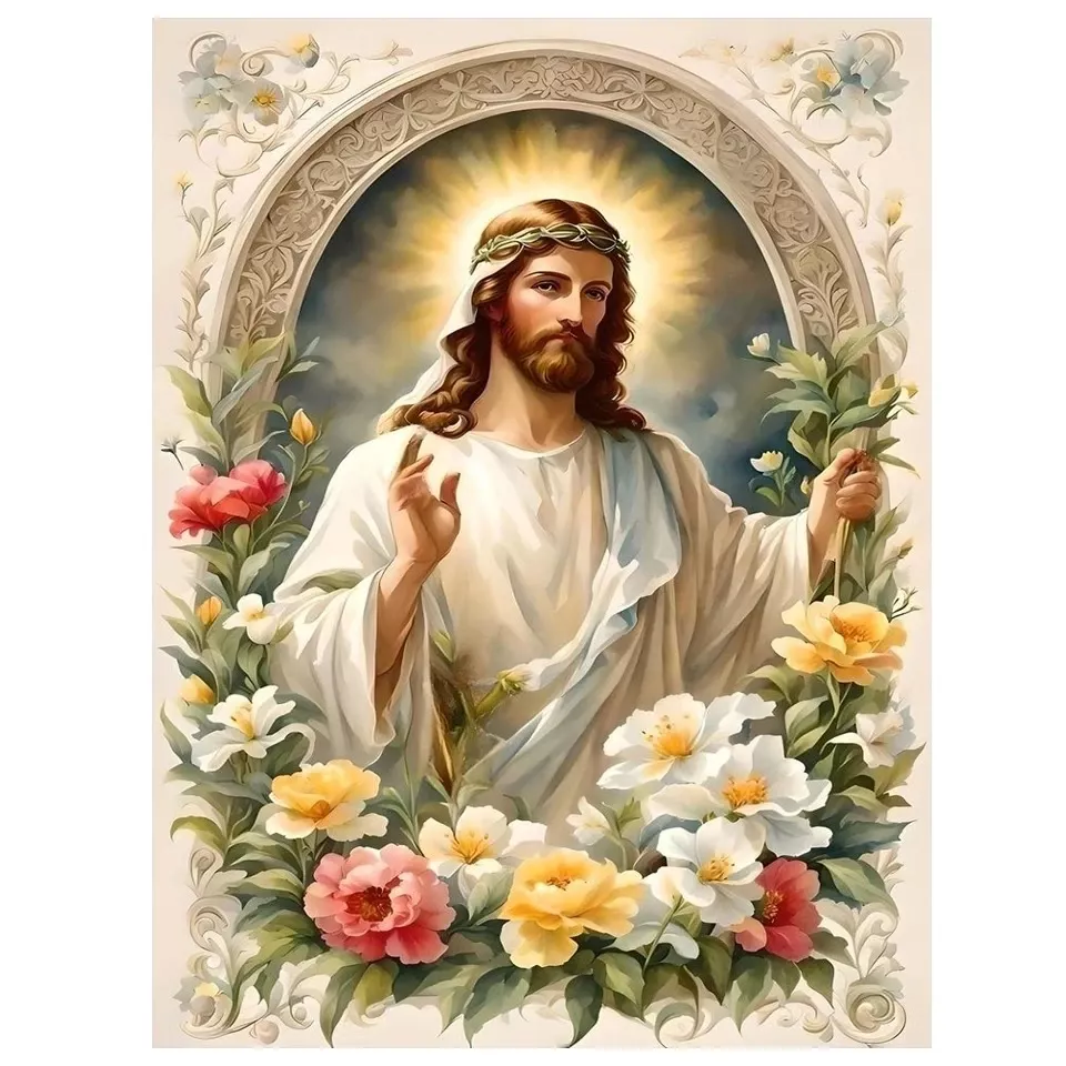 Tenture Religieuse Christ Glorieux aux Fleurs | Déco Murale Spirituelle