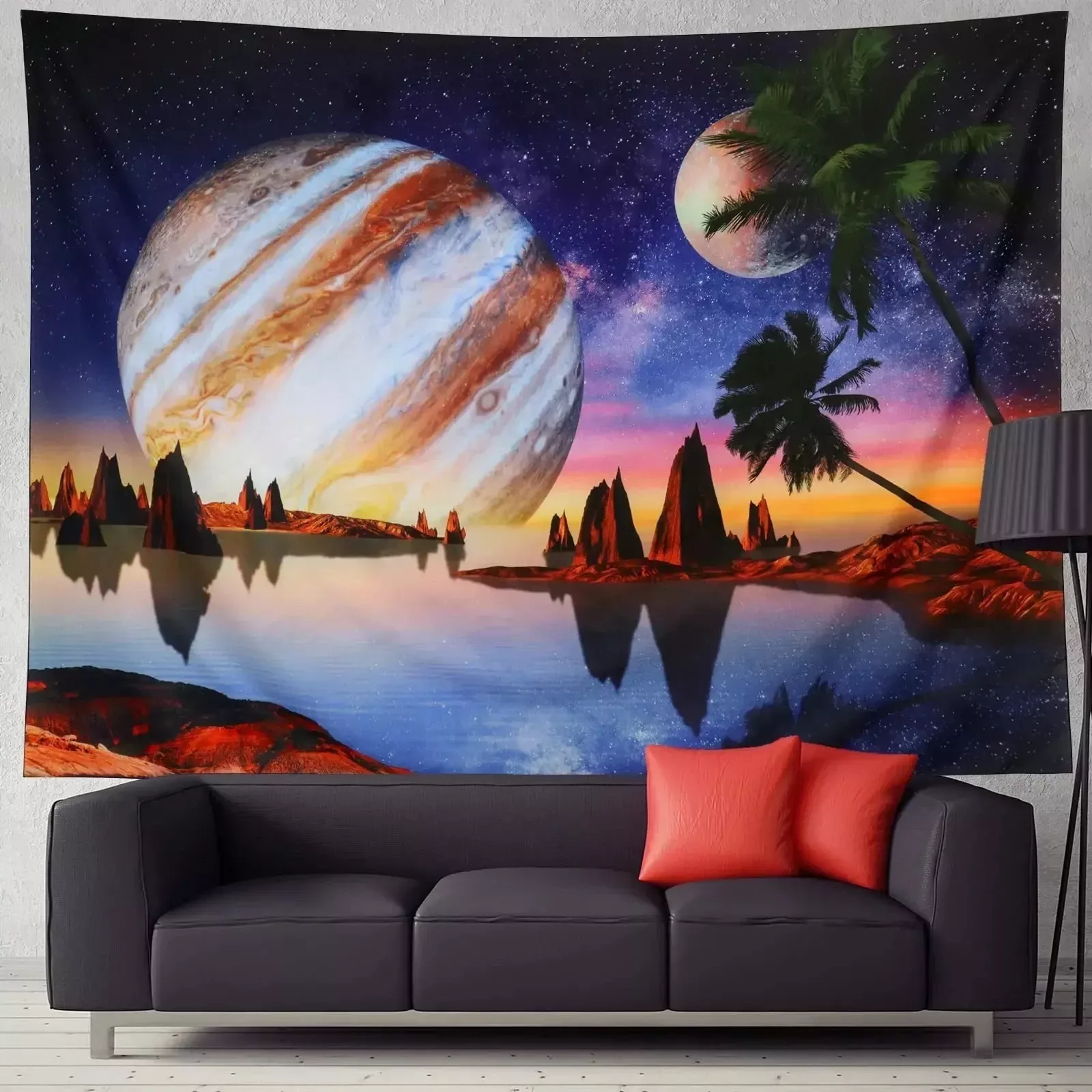 Tenture Murale Paysage Surréaliste | Planète Jupiter et Palmiers