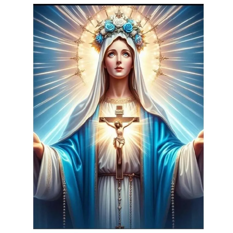 Tenture Murale Marie Céleste au Crucifix Ardent | Possédez l'Essence même de la Grâce