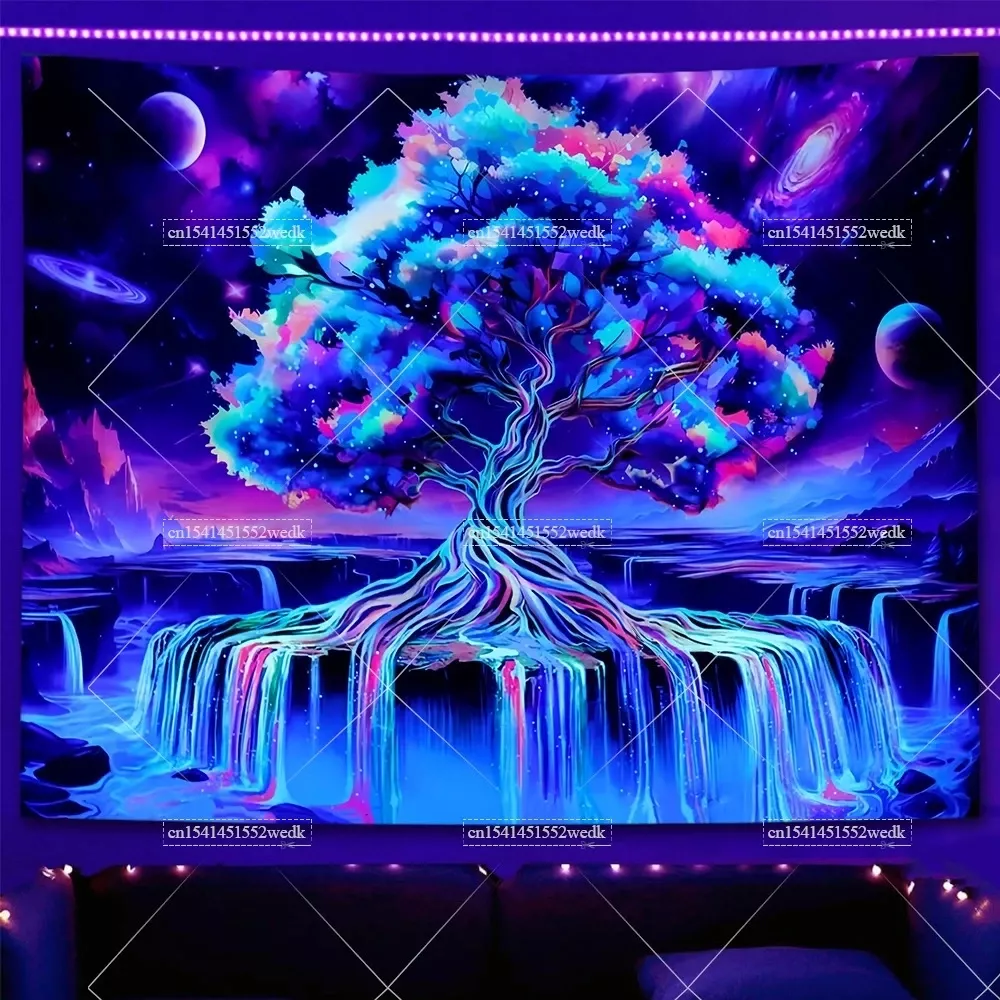 Blacklight Tree Life Tapestry UV Reactive Neon Star Tapestries Black Light Tapestry Aesthetic Room Decor Bedroom Wallpapers