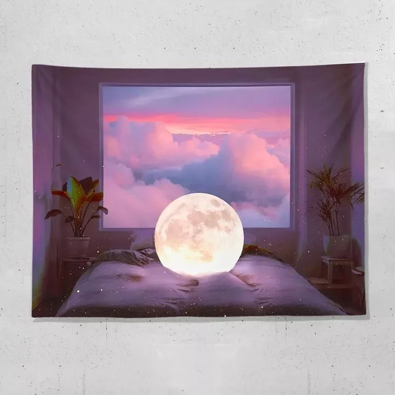 Tenture Murale Lune Mystique | Dormez sous la Pleine Lune et les Nuages Roses