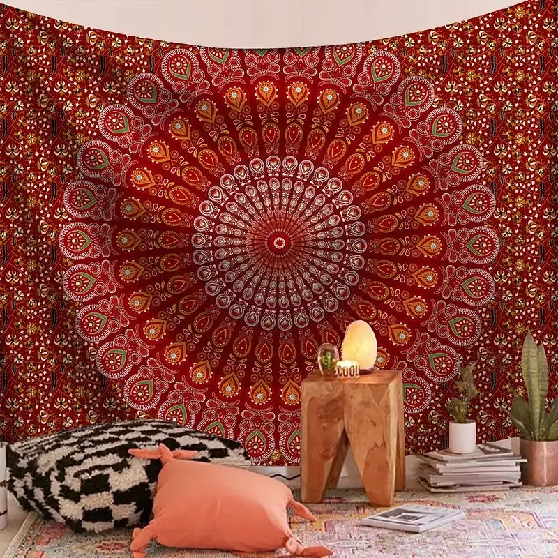 Tenture Murale Mandala Indien - Tapisserie Bohème en Tissu bordeaux