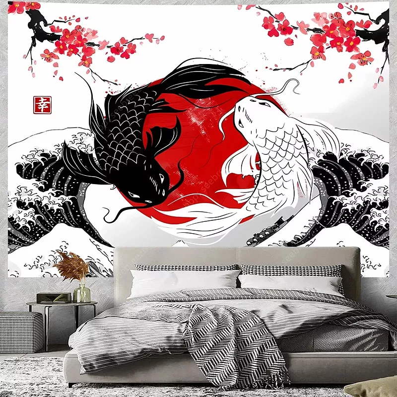 Japanese Yin Yang Koi Fish Tapestry Red and Black Anime Cherry Art Tapestries Hippie Room Decor Aesthetic Boho Home Wall Decor