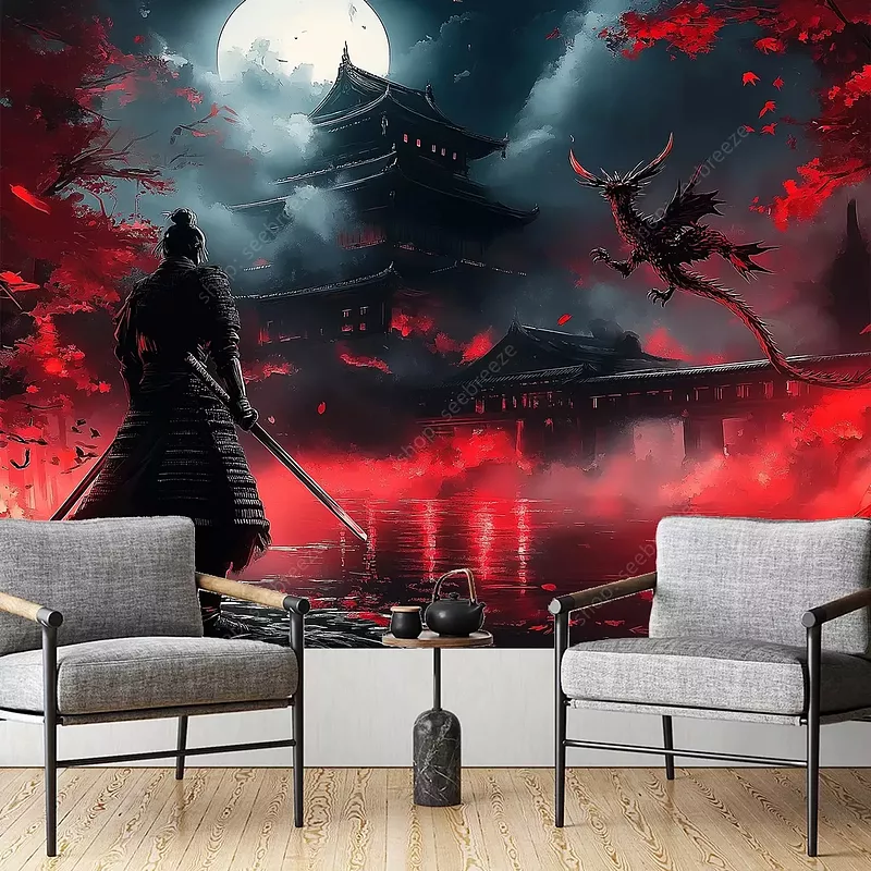 Tenture Samurai Dragon Bataille Mythique Lune Rouge Sang